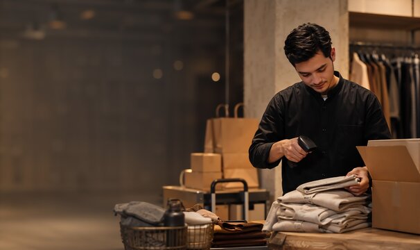 Salesman scanning clothing item with barcode reader in retail store. Warehouse worker processing online order for shipment. Apparel store employee managing inventory and parcel packaging.