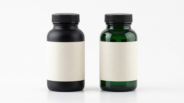 Minimalist supplement bottles with blank labels, matte black and green glass pill jars, pharmaceutical packaging mockup on white background