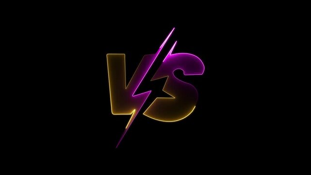 Versus vs logo with glowing purple and gold neon letters separated by a lightning bolt separator on a black background, competition and battle concept motion graphic loop animation for video editing