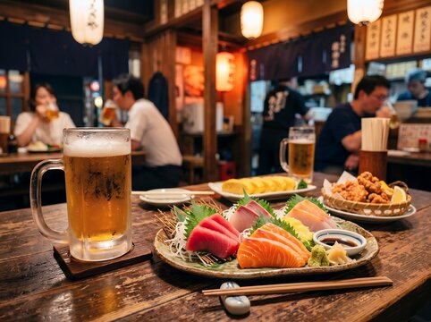 夜の居酒屋で鮮度抜群の刺身とビールを堪能する活気ある風景