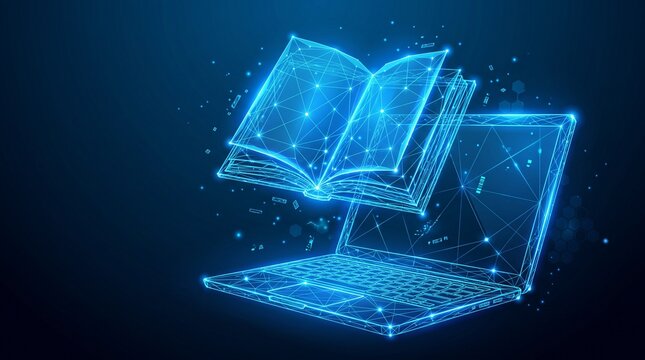 Digital book and laptop wireframe. E-learning concept with glowing mesh data technology.