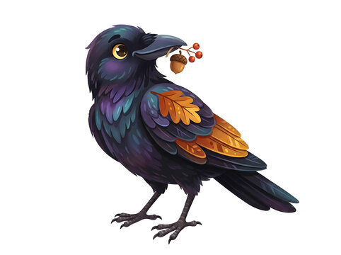 Cute Stylized Autumn Crow Vector Illustration with Acorn