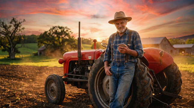 Senior farmer using smartphone by tractor at sunset