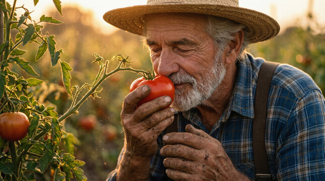 Senior farmer smelling ripe tomato in organic garden