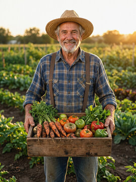 Senior farmer holding fresh harvest crate in vegetable field
