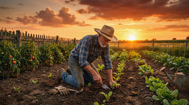 Farmer planting young vegetable seedling in field at sunset