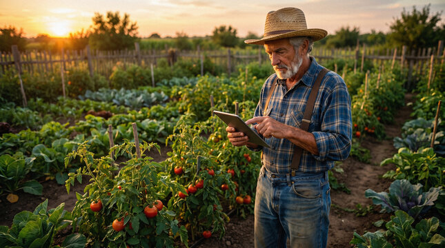Senior farmer using tablet to monitor vegetable garden