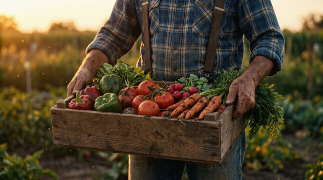 Farmer holding wooden crate of fresh harvest in field