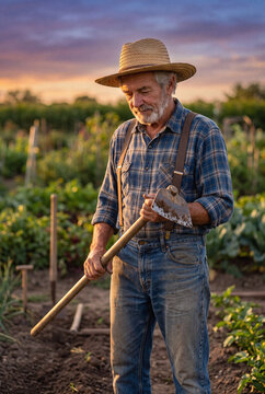 Elderly farmer working with hoe in vegetable garden