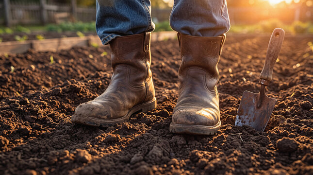 Farmer boot on tilled soil beside trowel at sunset