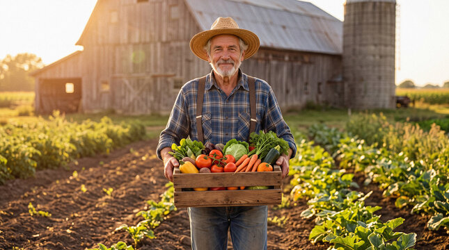Smiling farmer holding fresh vegetable harvest in field