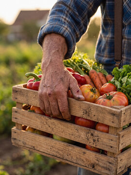 Farmer holding wooden crate of fresh organic vegetables