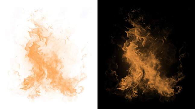 Realistic fire flames on black and white backgrounds, orange burning fire sparks and smoke, cinematic heat effect for compositing and design