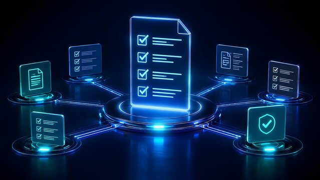 Distributed ledger technology interface showing interconnected digital document nodes on a glowing blue cyber grid for decentralized corporate database management and secure file sharing