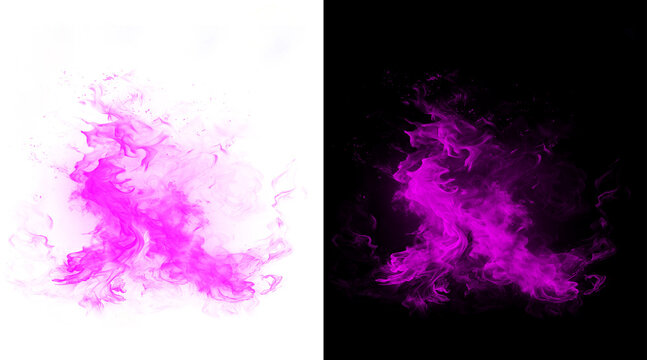 Vibrant pink fire flames on black and white backgrounds, ethereal purple smoke effect, magic energy blast and glowing heat texture for creative design