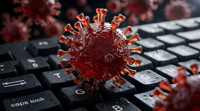 3D red virus particle on computer keyboard keys