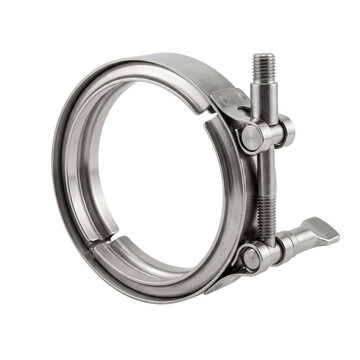 Industrial stainless steel v-band clamp used for secure automotive exhaust pipe connections on white background