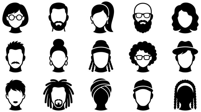 Set of diverse human face avatars with various hairstyles and accessories in a simple black and white style