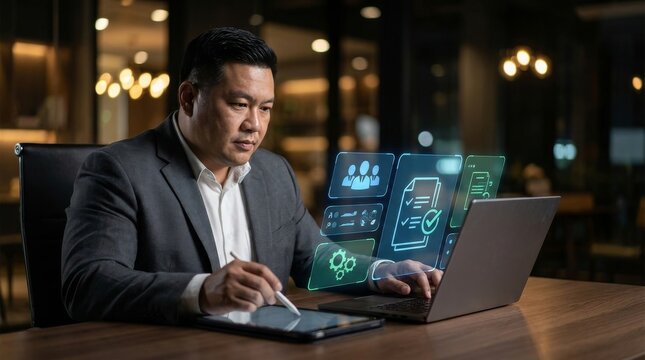 Focused Asian businessman managing digital tasks through a futuristic holographic interface while working late at a desk in a modern corporate office setting