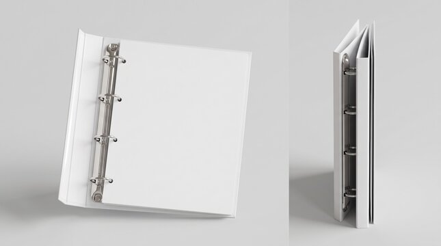 Minimalist white ring binder mockup, professional office stationery folder set, blank paper document organizer with silver metal rings