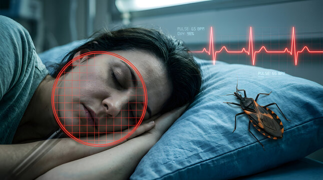 Woman sleeping in bed with a triatomine bug nearby