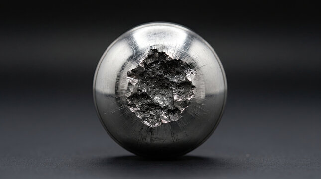 Polished metal sphere with rough fractured crater exposing raw core