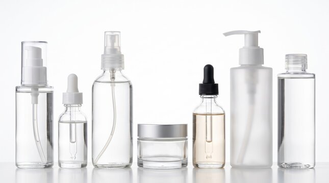 Collection of empty clear glass cosmetic containers with white pumps and droppers, minimal packaging mockup for skincare products, health and beauty labeling, and cosmetic branding design