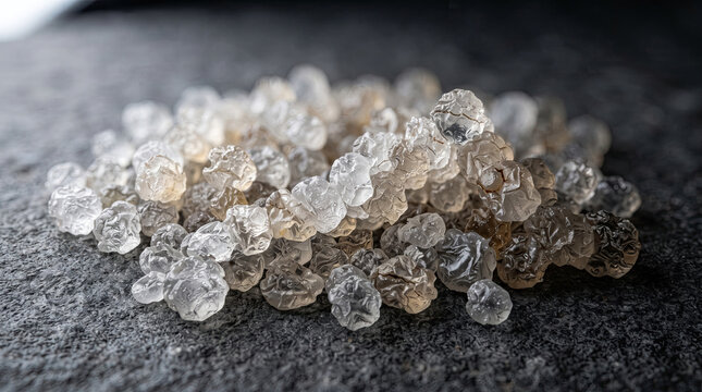 Pile of raw uncut crystal gemstones on dark stone surface