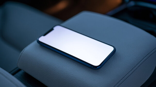 Smartphone with Blank White Screen on Car Leather Armrest