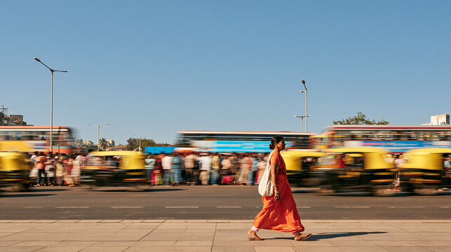 Indian Woman Walking Along Busy City Street with Blur Traffic
