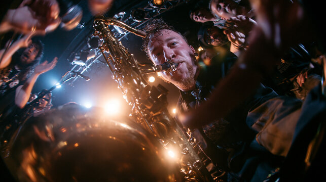 Saxophonist Performing Live Surrounded by Cheering Crowd at Concert
