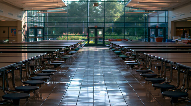 Empty School Cafeteria with Tables and Large Glass Window