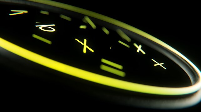 Macro glowing neon green mathematical calculation symbols clock ring bokeh overlay background for education and science design