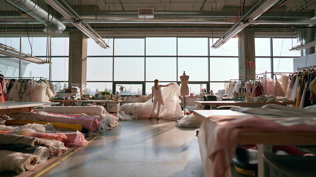 Fashion Designer Draping Fabric on Mannequin in Sunlit Atelier