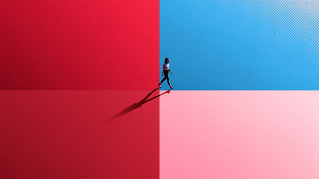 Woman Walking at Intersection of Four Color Quadrants