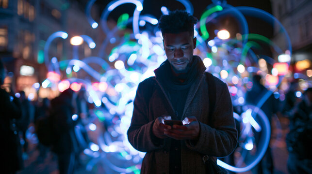 Young Man Using Smartphone with Illuminated City Lights at Night