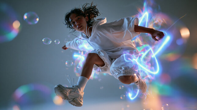 Dynamic Young Dancer Jumping Mid Air with Light Trails
