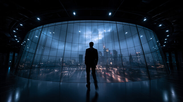 Businessman Silhouette Standing at Modern Skyscraper Window Overlooking City