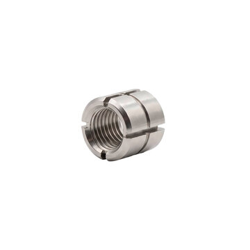 Industrial metal collet nut featuring internal threads for precise mechanical fastening in a technical machine assembly