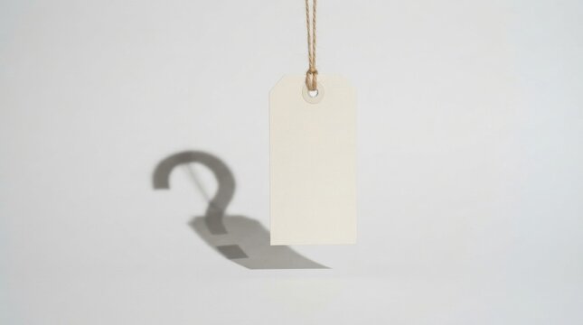 Blank hanging tag with question mark shadow for conceptual branding background and product label mockup