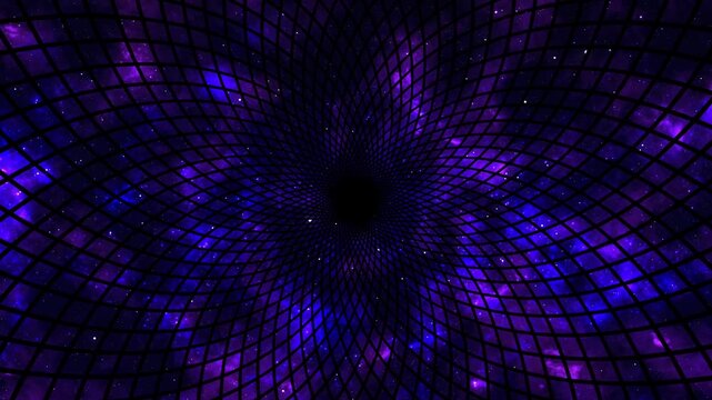 Animation of rhomboid grid tunnel rotating with Interstellar galaxy, cosmic wormhole on starry space background, purple and dark blue color, video looping