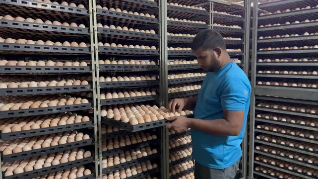 Dhaka, Bangladesh - October 30, 2025: A poultry worker handles trays containing large quantities of chicken eggs inside a commercial hatchery facility, showing industrial poultry production, hatchery 