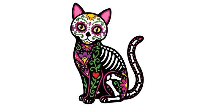 Day of the dead cat skeleton with colorful floral sugar skull patterns.