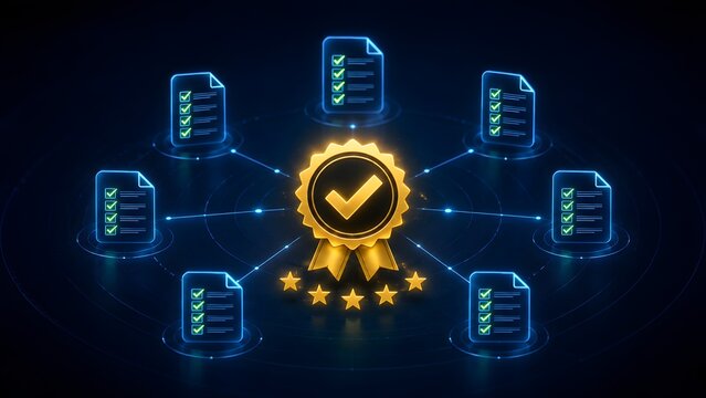 Quality assurance and certification concept showcasing validated documents interconnected with a central approved badge, representing excellence and high standards in a digital network.