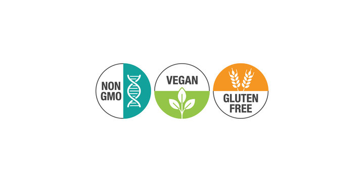 Non gmo vegan and gluten free certification icons in circles isolated on transparent background.