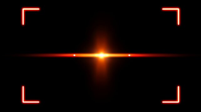 Futuristic HUD Camera Viewfinder Overlay with Red Corners, Glowing Orange Horizontal Lens Flare on Black Background
