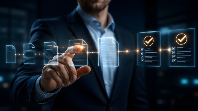 Businessman efficiently managing a digital document workflow, optimizing business processes and ensuring quality assurance with a seamless virtual interface technology interaction.
