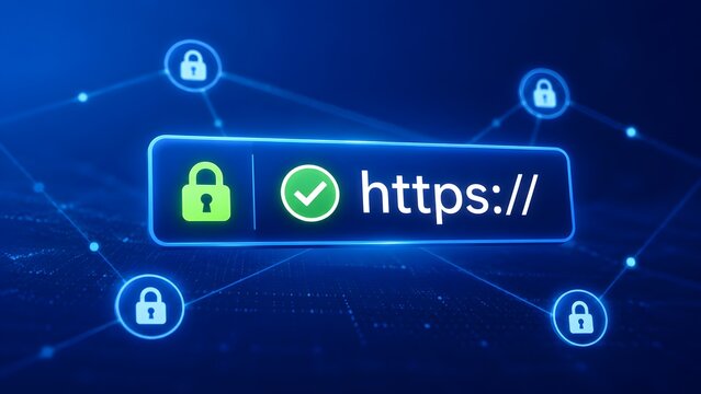 Digital concept illustrating secure HTTPS connection with a green padlock and checkmark, emphasizing online data protection and cyber network security.