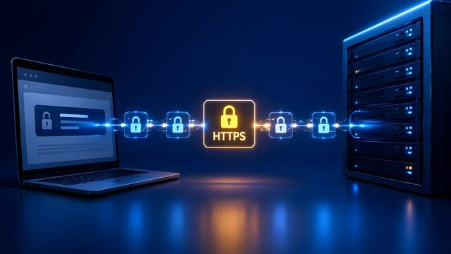 Secure HTTPS Connection between Laptop and Server Protecting Digital Data, Ensuring Encrypted Internet Privacy and Cybersecurity for Online Information Technology.