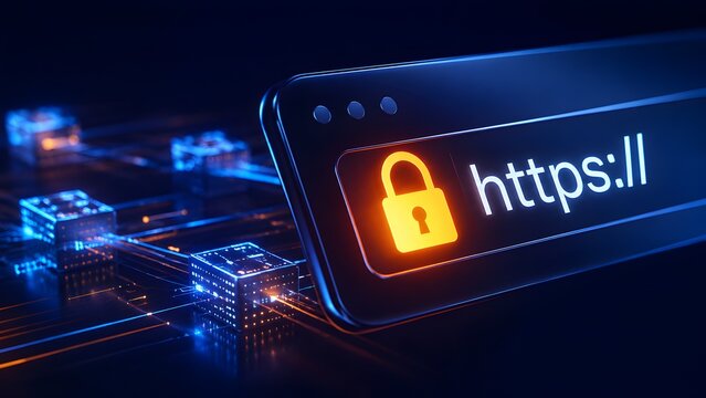 Secure internet browsing experience with the HTTPS protocol and a glowing padlock symbol, representing protected online data and network integrity.